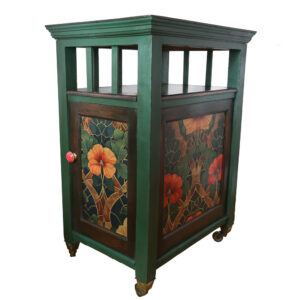 Dark green art deco bar with decoupage stain glass panels and exposed wood, on a white background.
