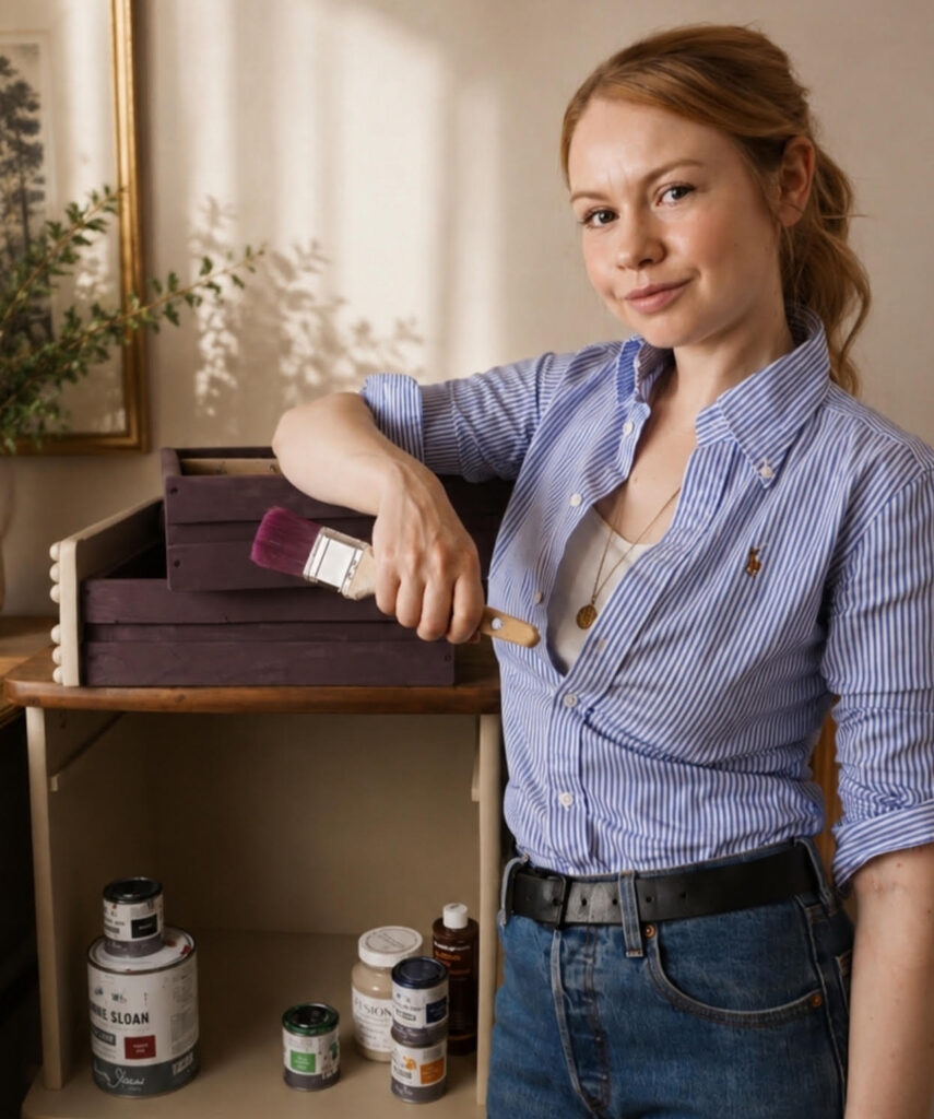Jessica Mann from JessieKMann Bespoke Furniture stood with paints and furniture, holding a paint brush.