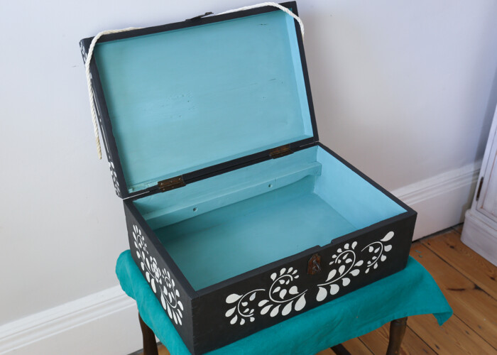 Available to buy at our Furniture Shop - Inside the antique wooden box that has been upcycled using blue Annie Sloan paint.
