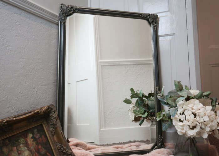 Renaissance Style large black and gold mirror with gold edges for wall or stand alone
