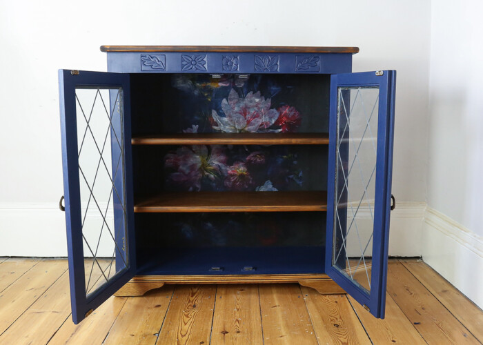 Vintage Wooden Cabinet with Floral Interior and Glass Doors
