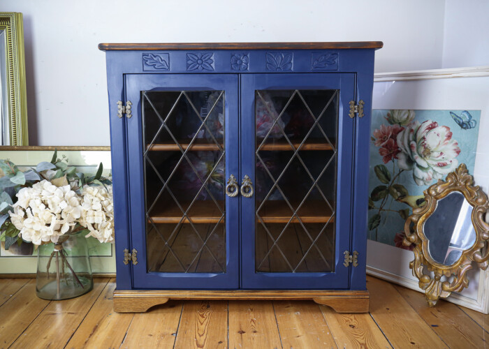 Vintage Wooden Cabinet with Floral Interior and Glass Doors