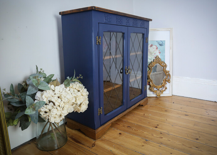 Vintage Wooden Cabinet with Floral Interior and Glass Doors