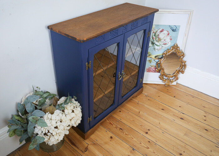 Vintage Wooden Cabinet with Floral Interior and Glass Doors