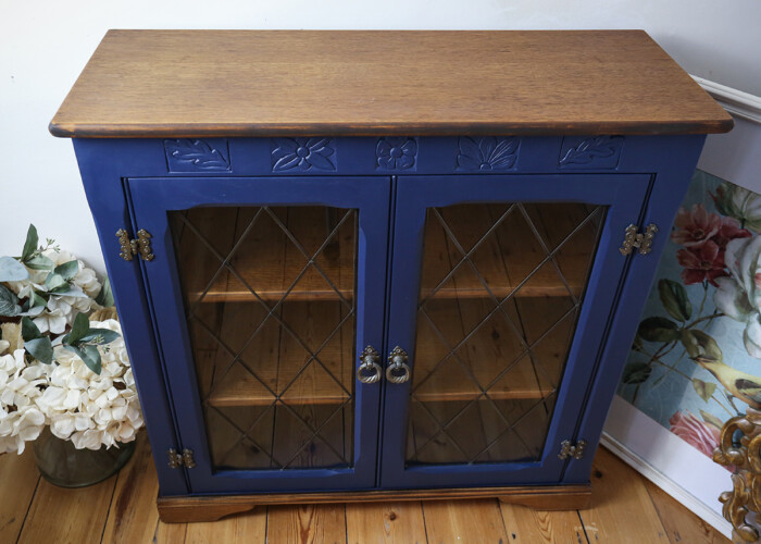 Vintage Wooden Cabinet with Floral Interior and Glass Doors