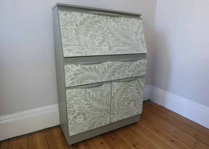 Teak green bureau painted in Fusion Mineral paint Bellwood with distressed floral front