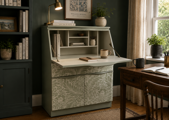 Teak green bureau painted in Fusion Mineral paint Bellwood with distressed floral front with the desk open revealing the interior painted in Cathedral Taupe