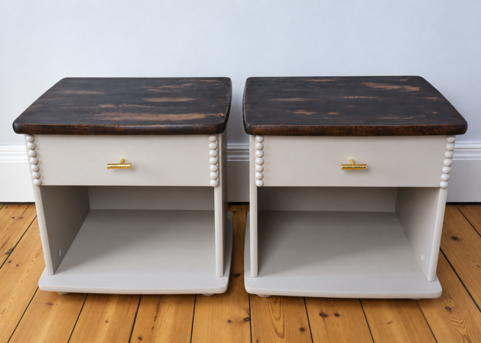 Pair of taupe bedside tables with dark wood tops